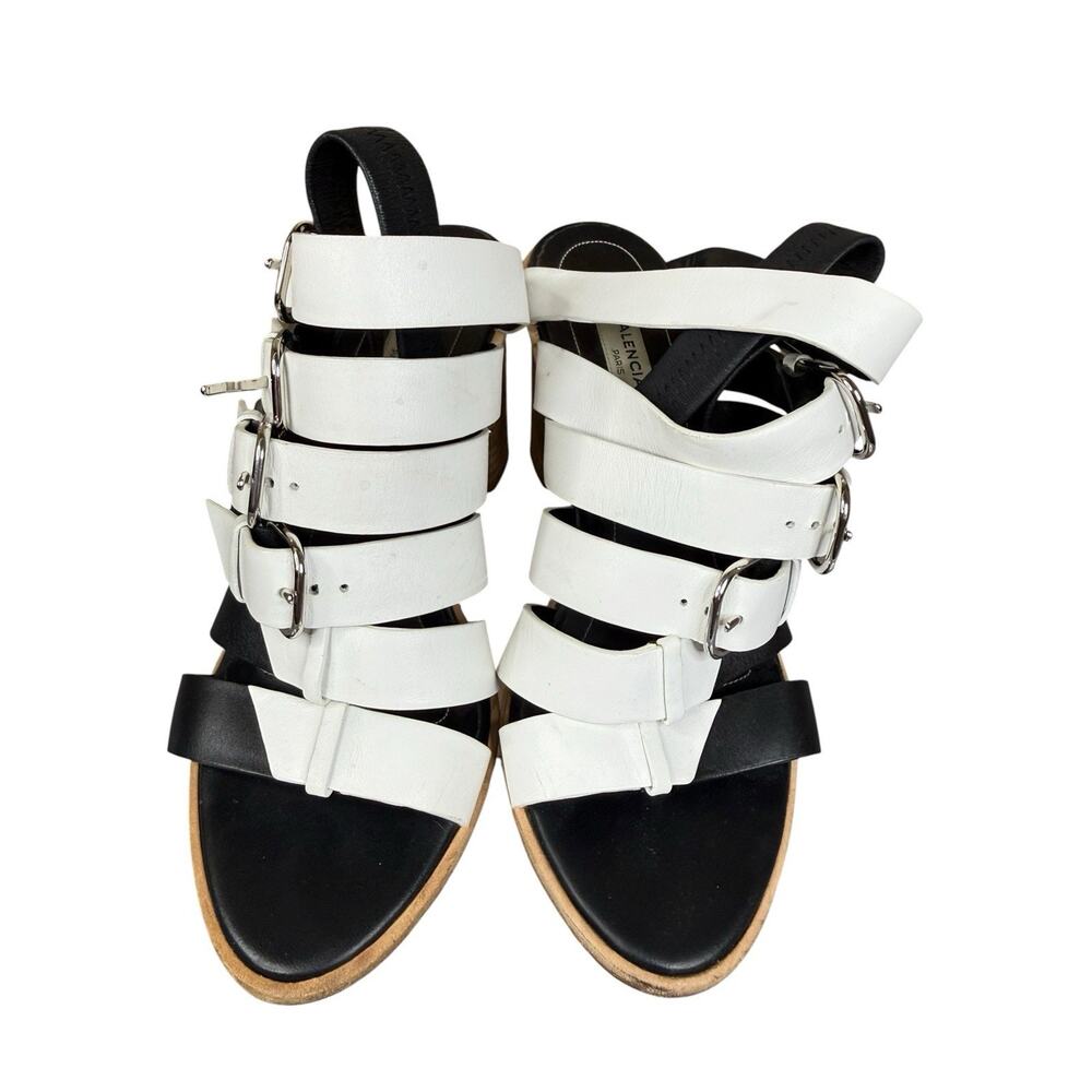 Balenciaga Bicolor Leather Buckle Sandals Black White Heels IT 36.5 US 6.5 - Picture 6 of 11